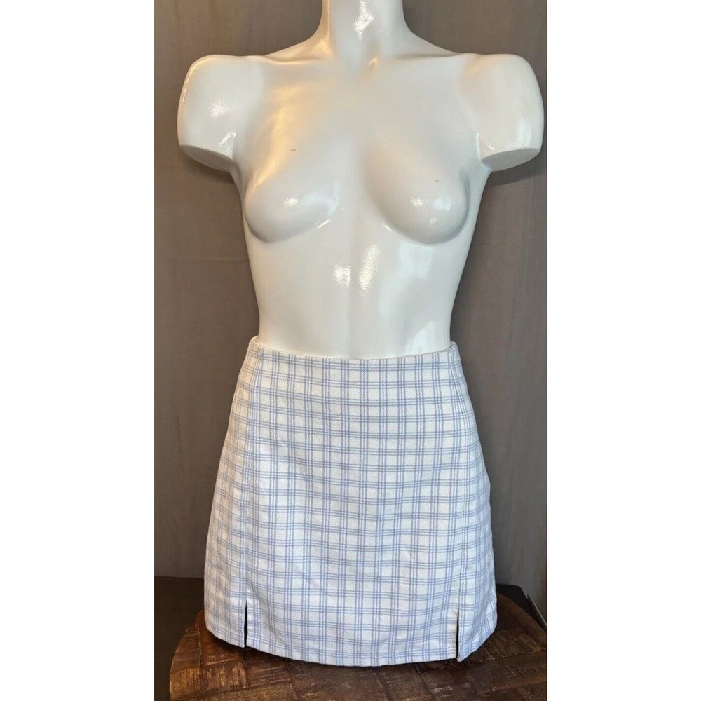 BRANDY MELVILLE Juniors Cute Soft BLUEWHITE PLAID CARA High Rise Mini Skirt - Picture 2 of 15